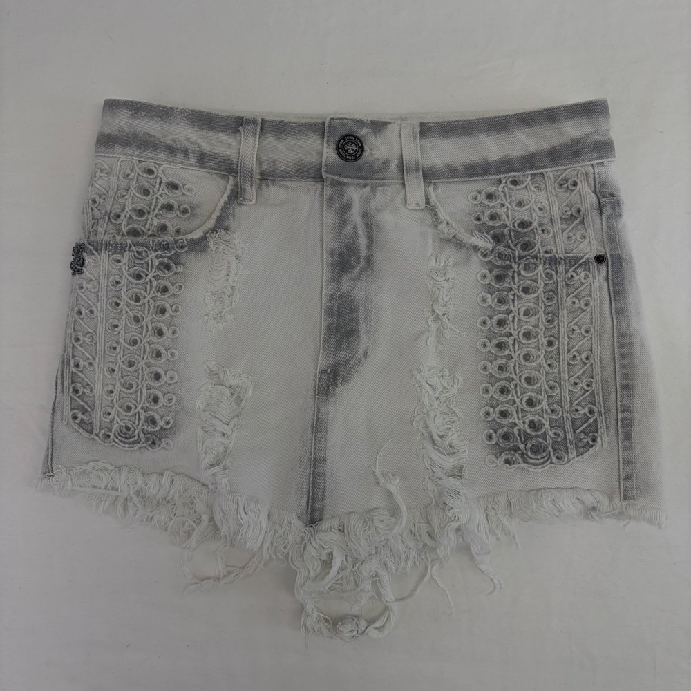 John John Denim Mini Skirt Women 24 White Distressed Embroidered Grunge Festival